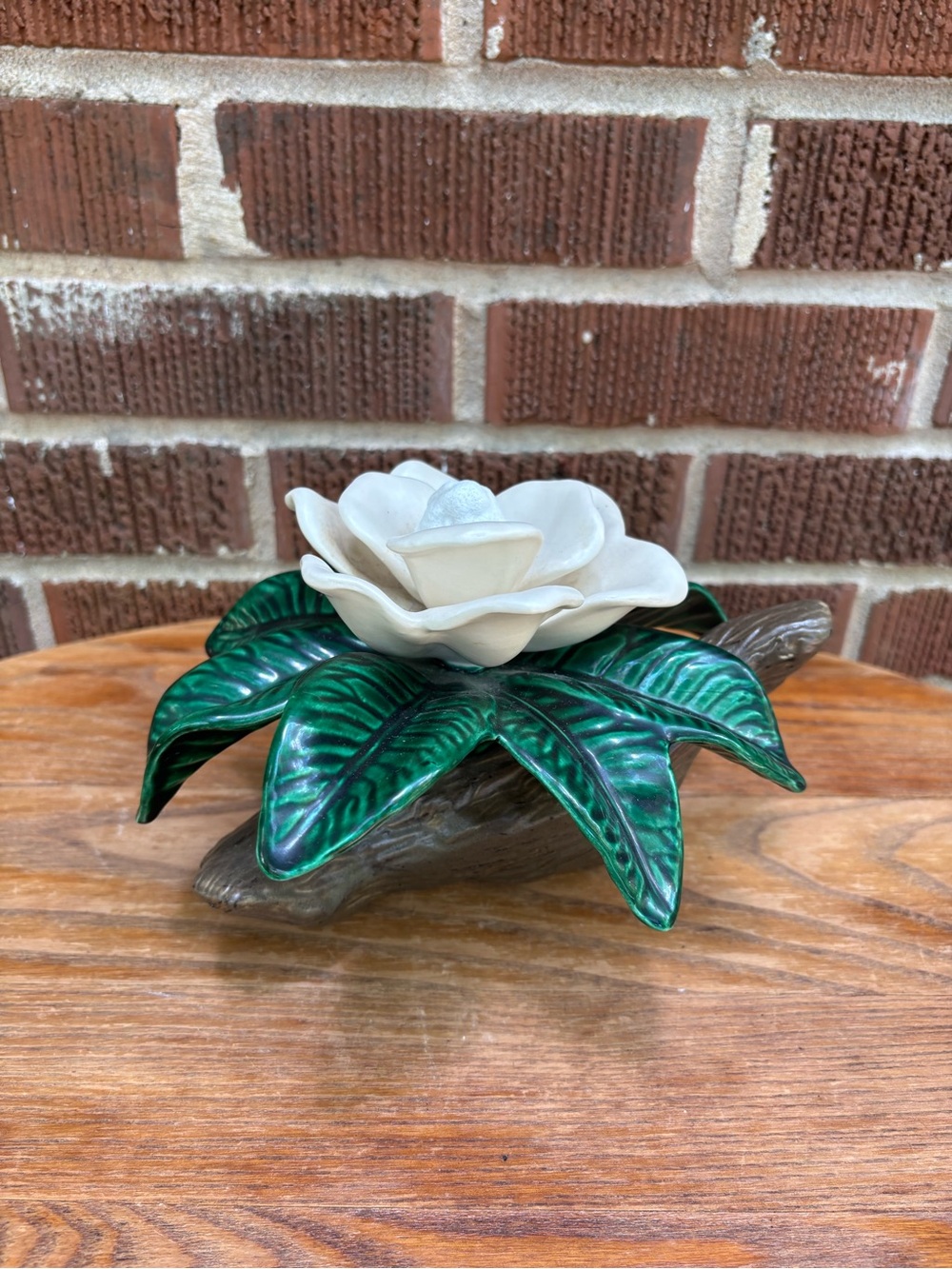 Magnolia Flower Sculpture Ceramics Studio Cream and Green Vintage flower 5 in
